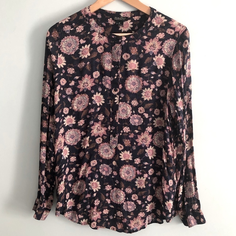 Lucky Brand Women’s Navy Pink Dark Floral Retro Popover Shirt Blouse M
